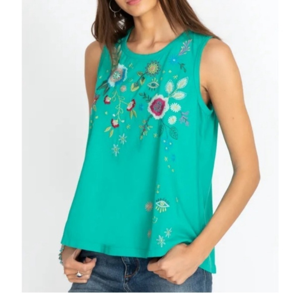 Johnny Was Embroidered Tank Top Floral Eye Design Teal Green size XS